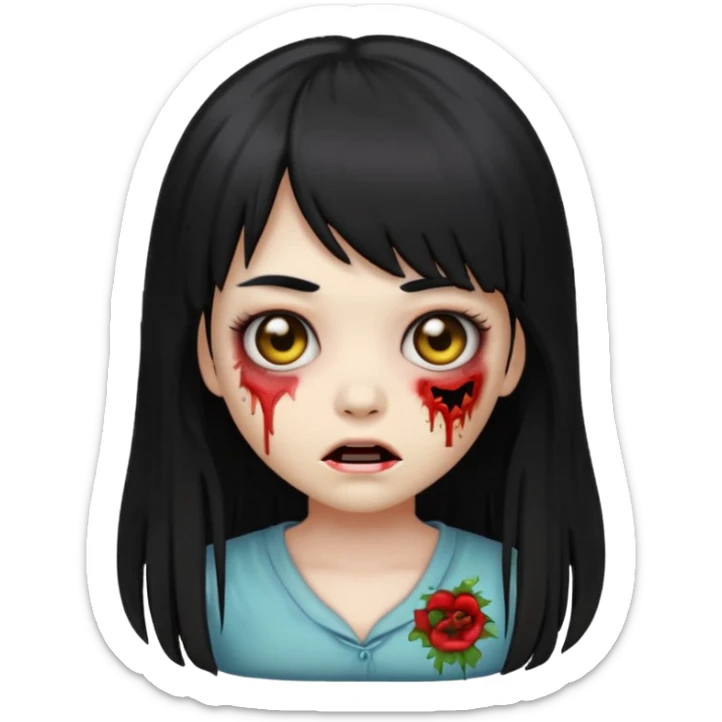 zombie girl emoji with black hair, bangs, and long hair sticker