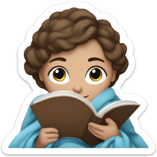 woman with brown hair and blue eyes in blanket reading a book sticker