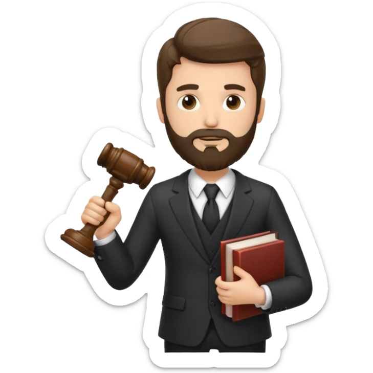 Create a male lawyer. he is wearing a fromal suit jckeret. He is holding a gavel in one hand and a book tucked under his another arm. He has beard. And the hair is kinda darker but not black sticker