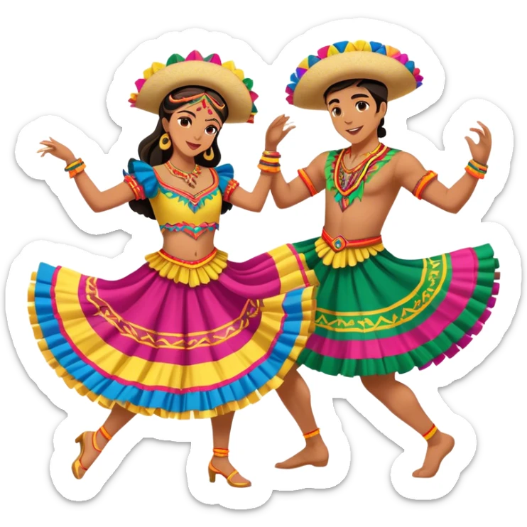Cinematic Realistic scene of two dancers performing Cumbia, adorned in colorful traditional Colombian costumes with intricate details, captured in rhythmic motion with lively, festive lighting sticker