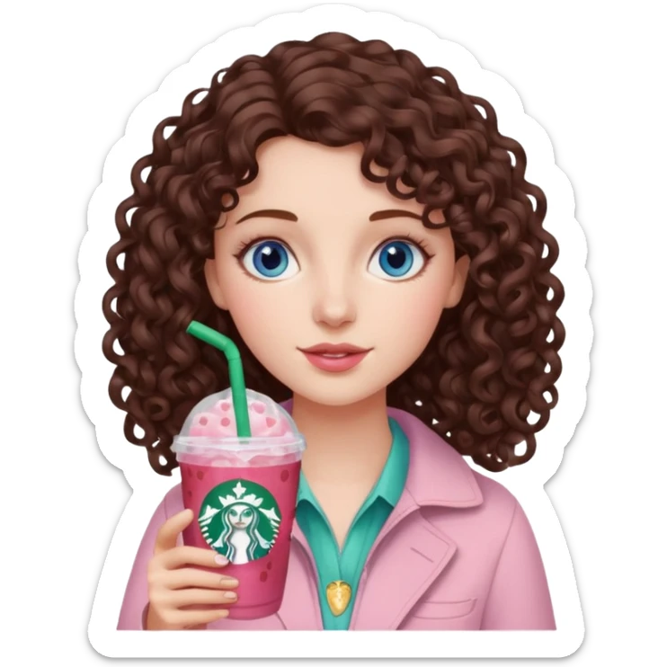 make an emoji of a loose curly brunette, blue-eye girl, wearing light pink drinking a strawberry acai refresher from starbucks sticker