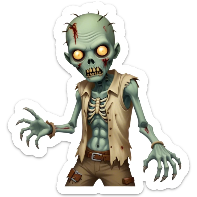 Cinematic Realistic WoW undead friendly zombie Portrait, captured in a fierce, battle-ready stance, muscles taut beneath his tattered, earth-toned attire. His decayed, pallid skin and glowing eyes are rendered with intense lifelike detail and dynamic lighting, high shine, embodying the raw, relentless fury of an undead friendly zombie in the heat of combat. sticker