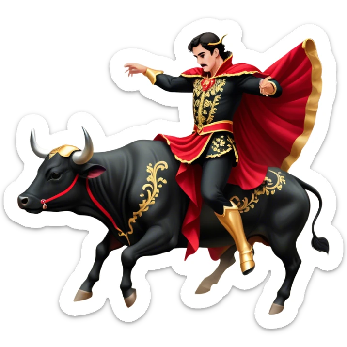 ​Cinematic Realistic Spanish Matador in Action, depicted in an ornate traje de luces with a flowing red cape, captured in the dramatic moment of confronting a charging bull in a traditional bullring, rendered with dynamic motion and dramatic lighting that encapsulates the intensity and artistry of the spectacle, sticker