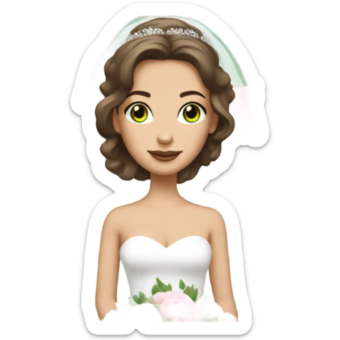 White bride with brunette hair and green eyes with light pink peonies in hair white skin sticker