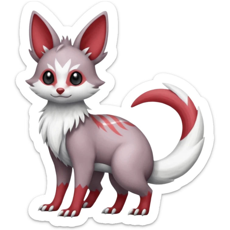 Minccino-Lykoi-Emolga-Pachirisu-Zangoose-fusion-hybrid-animal-Fakémon-creature, full body, thin long sleek scaly tail, intricate markings sticker