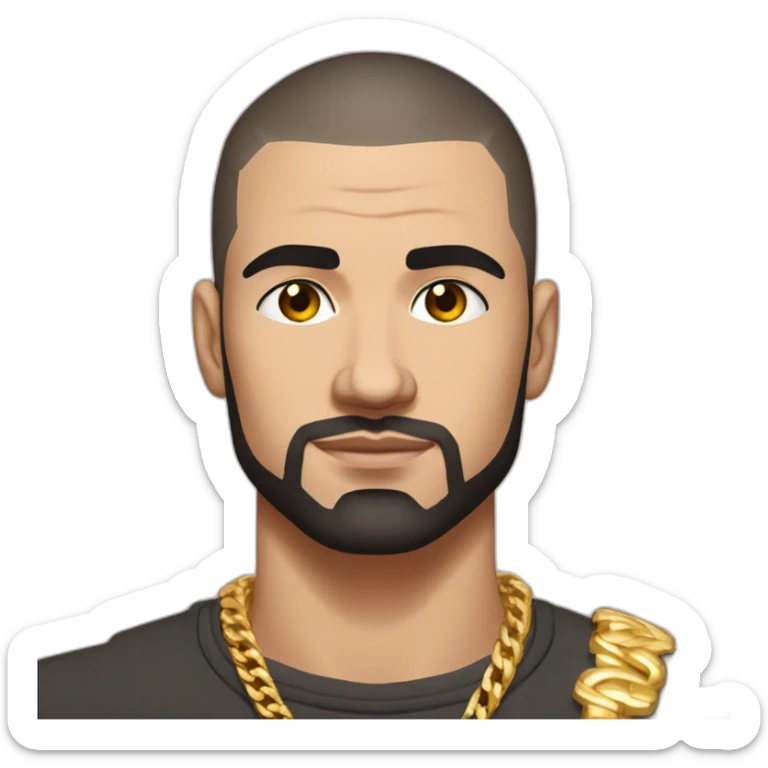 Russian muscular thug man aged 26 wearing gold chain with black hair buzz cut and short beard sticker