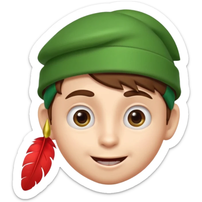 A cute 3D emoji head of a mischievous cartoon boy, fair skin, big expressive eyes, thick eyebrows, smiling with a slightly open mouth, brown hair, wearing a green pointed cap with a red feather, smooth sticker