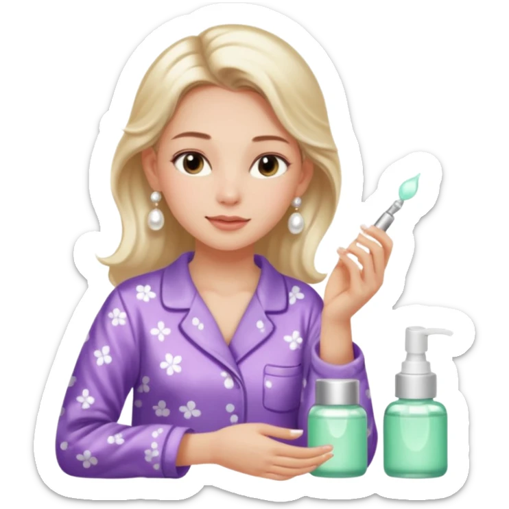 Clean girl aesthetic emoticons, apply skincare products, pearl earrings, glowing skin, pajamas, soft lighting sticker