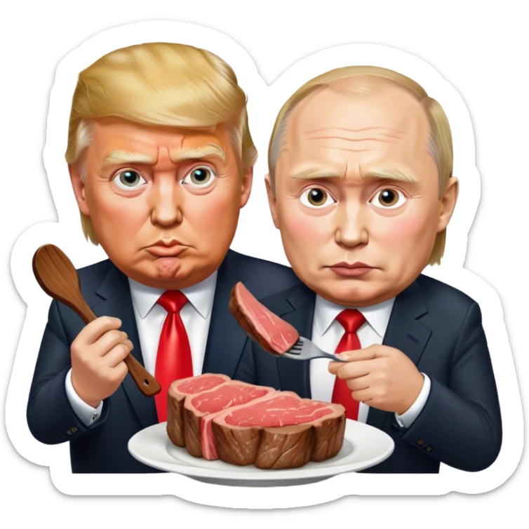 photorealistic Donald Trump and Putin eating a steak shaped like an piece of land sticker