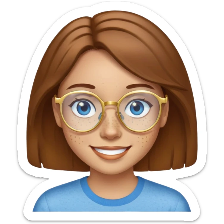 Girl with light skin, brown hair, blue eyes, freckles, and gold glasses smiling sticker