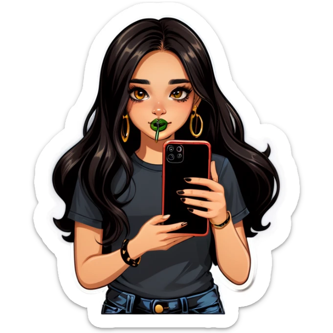 Beautiful young girl with dark choppy long hair flows as she holds her black phone with a gold septum ring that shines  sticker