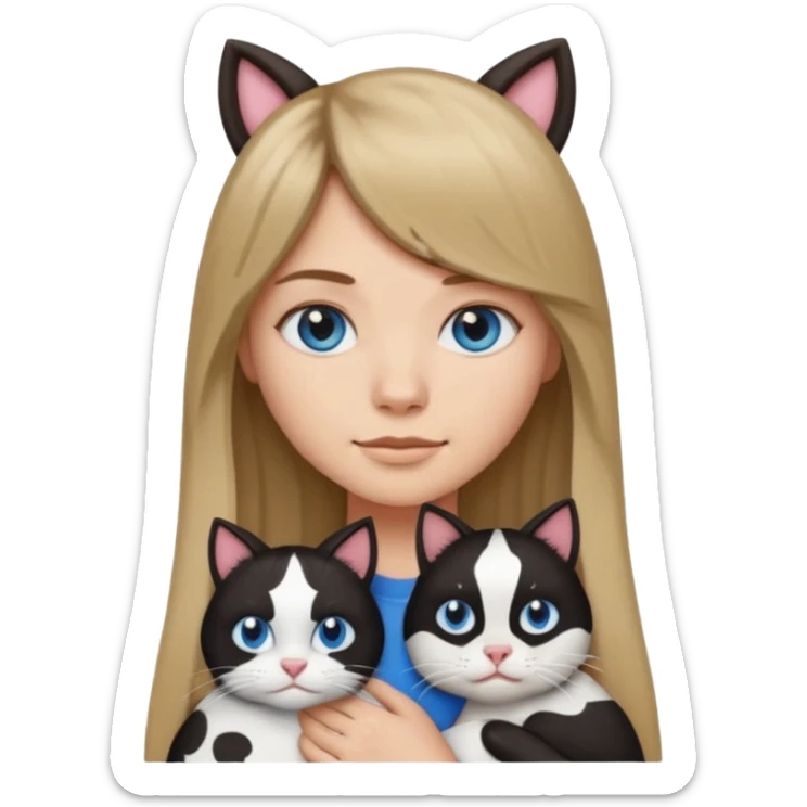 Apple-style emoji sticker of a young woman with long dark blond hair and bang, blue eyes , holding a cat black and white like a cow patch on her chest.  sticker