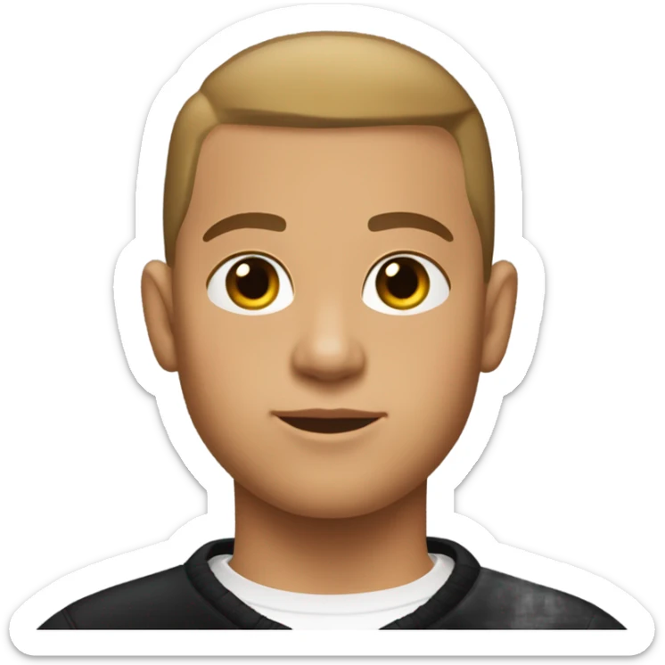 boy with light tanned skin, buzz cut, no facial hair, wearing a smart black quarter zip jumper with white t shirt underneath. sticker