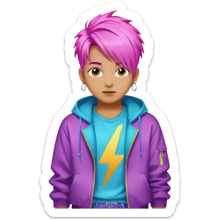 portrait of young idol in Kpop style, wearing flashy streetwear outfit, colorful dyed hair sticker