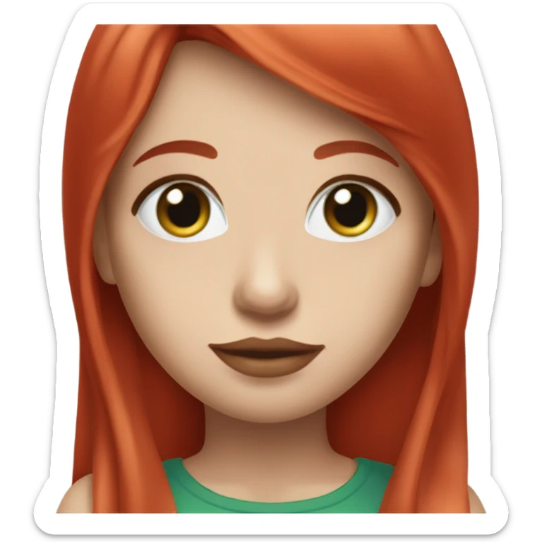 straight long Tomato red hair,red lipstick red, blue-green eyes, white skin and a small nose sticker