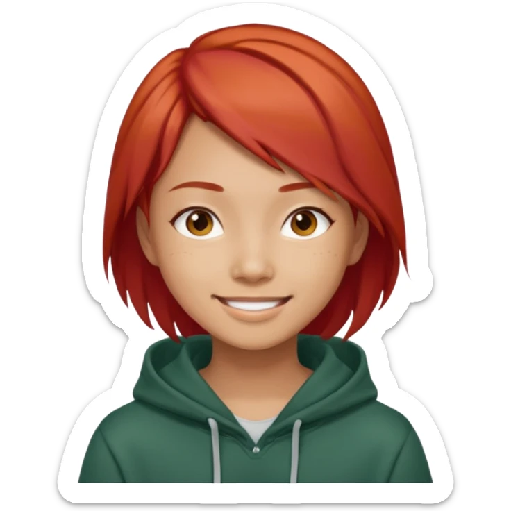 Asian young adult in a hoodie with red hair care free persona sticker