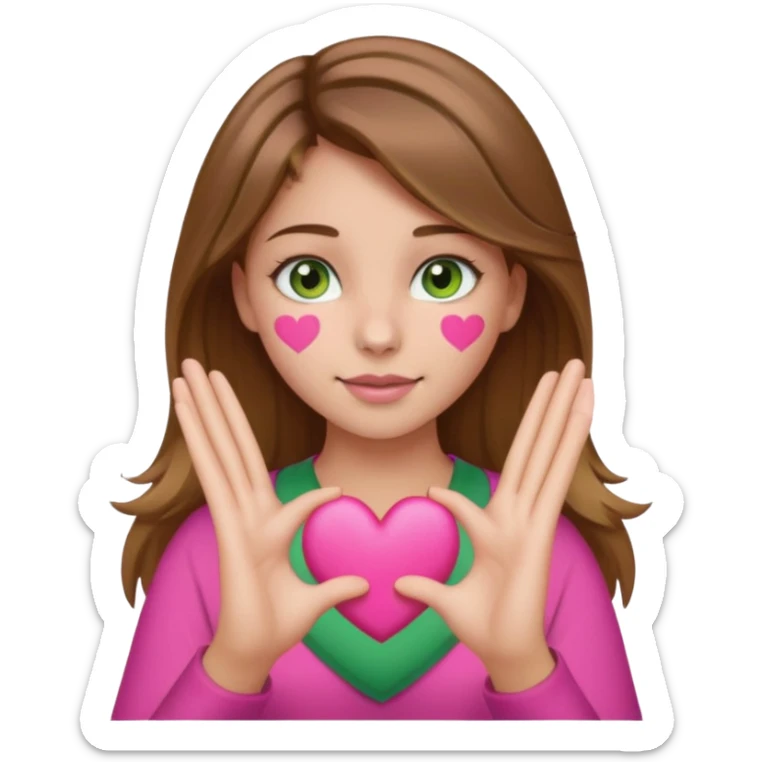 a girl with brown hair with blonde highlights brown and green eyes and a nose piercing and she is putting up the pink pulsing heart emoji with her hands sticker