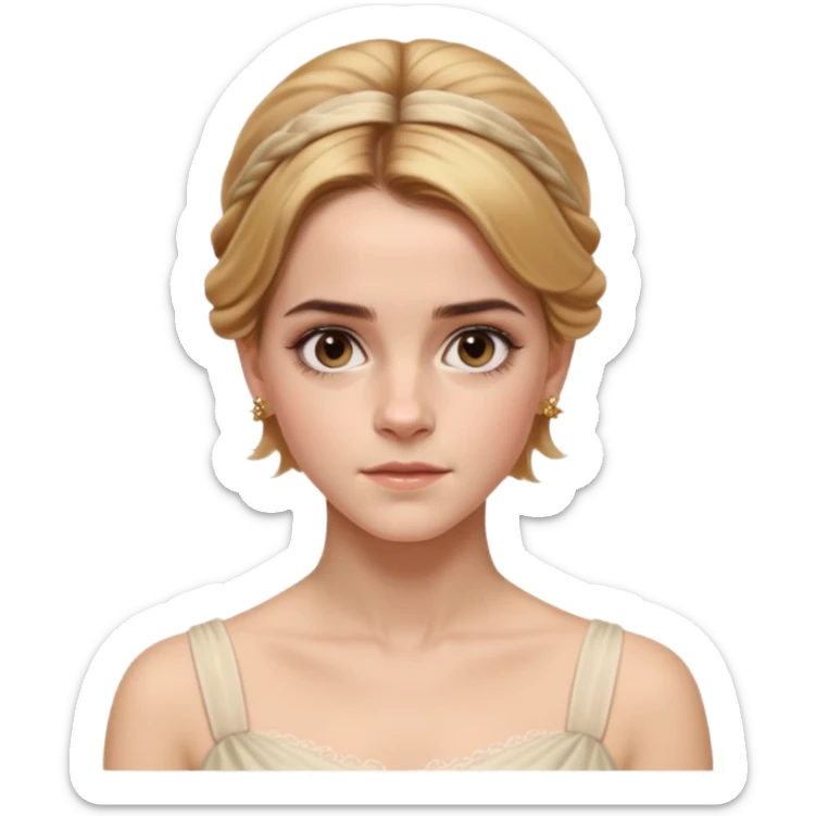 Cinematic Emma Watson Realistic Rococo Portrait, depicted with lifelike skin texture, subtle rosy undertones, and soft natural lighting that enhances the gentle contours of her face. Her intricately detailed golden blonde hair is elegantly styled in an updo, sticker