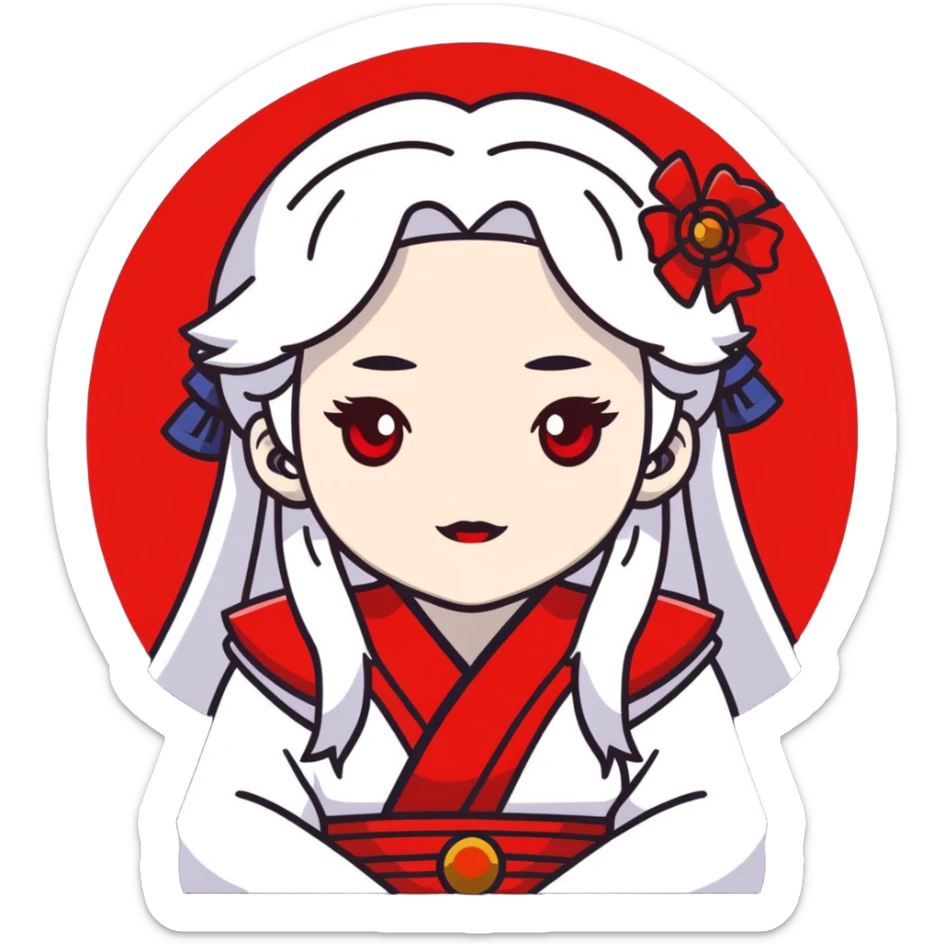forty year old albino shrine maiden with white hair, red eyes, and pale face sticker