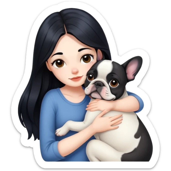 A beautiful girl with long black hair hugs a French bulldog sticker