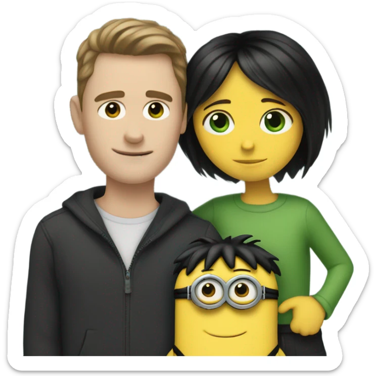 white male, brown eyes, black hair hugging and holding a minion with green eyes  sticker