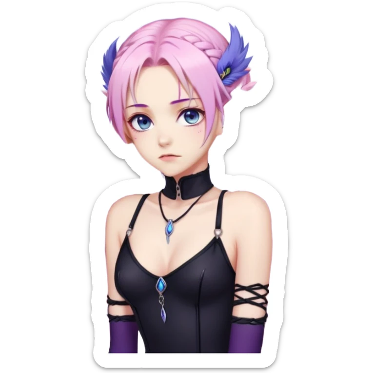 Gorgeous beautiful pretty grumpy anime lady long-pale-whitish-pastel-pink-hair with one braid on each side, hanging purple feather-ear-cuffs with pink tips in hair, black bodysuit, blue eyes, pink iris, ethereal, fashion aesthetic  sticker