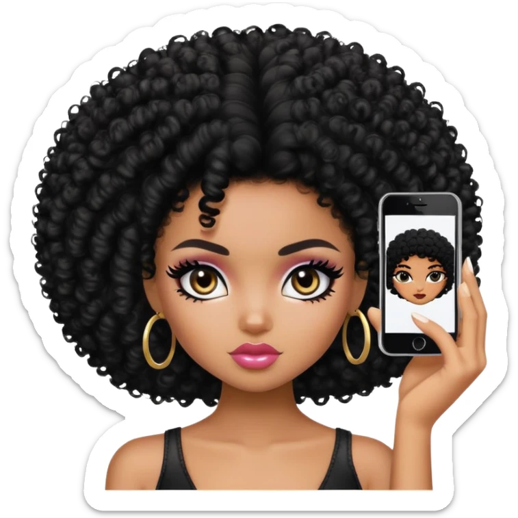 pretty bratz baddie, black eyeliner, dark skin, black curly short afro hair, black  eyes sticker