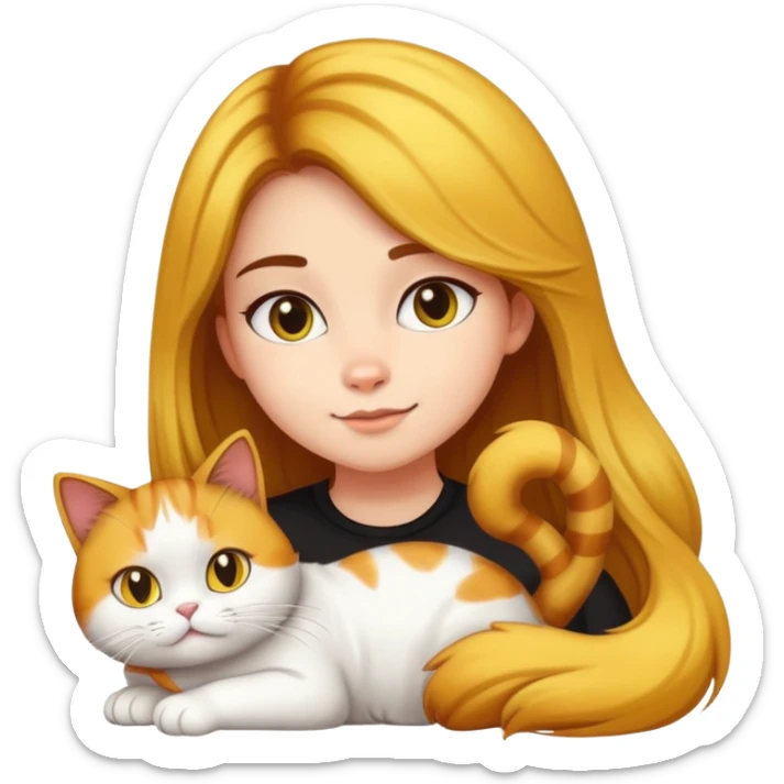 Girl with yellow and black Balayage longhair  petting her a white Garfield cat and a brown Garfield cat sticker