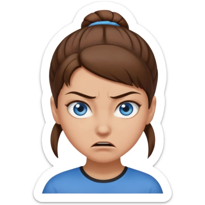 Girl with blue eyes, brown hair in a brown bun, no bangs, angry sticker