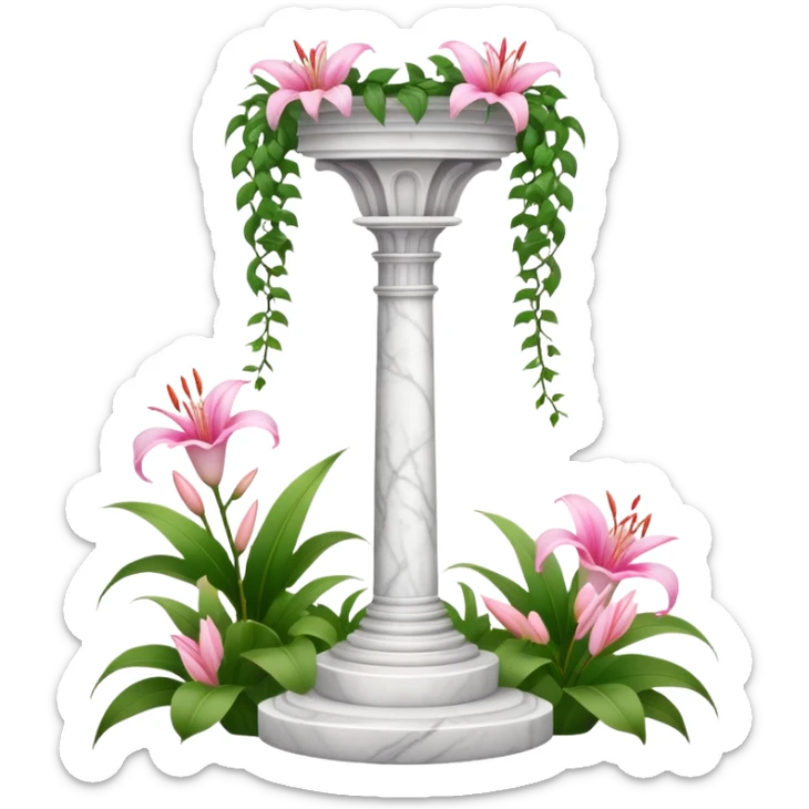 White tall marble pedestal with vines growing and pink lilies, beautiful romantic scenery  sticker