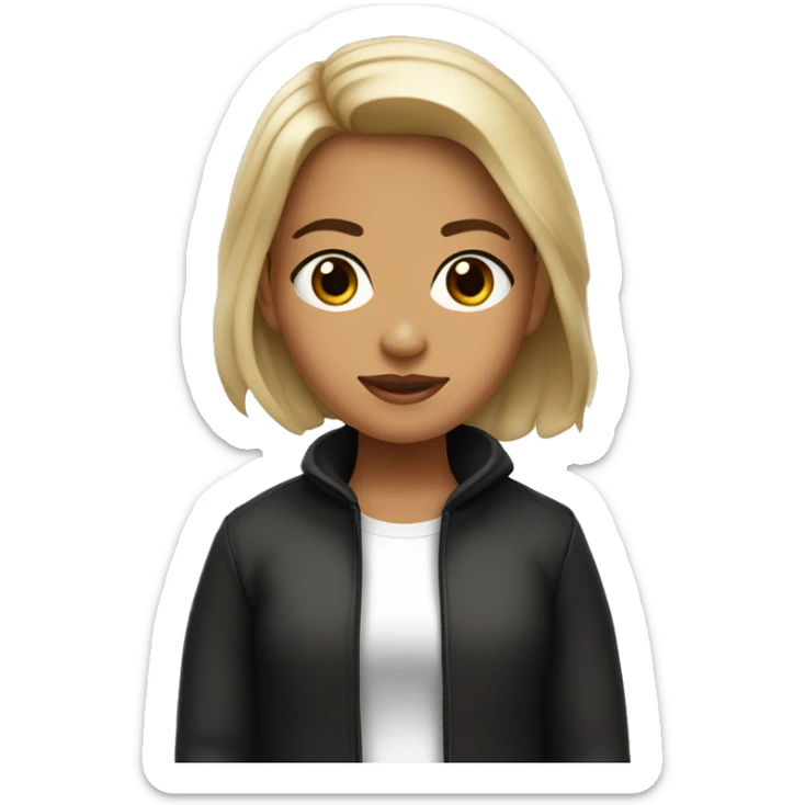 Niña de piel clara, ojos café claro, cabello lacio negro y playera blanca sticker