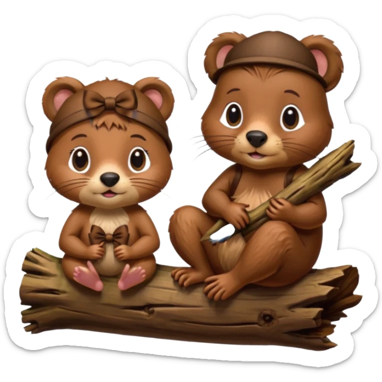a girl beaver and a boy beaver on a log. give the girl eyelashes and a bow on top of her head sticker