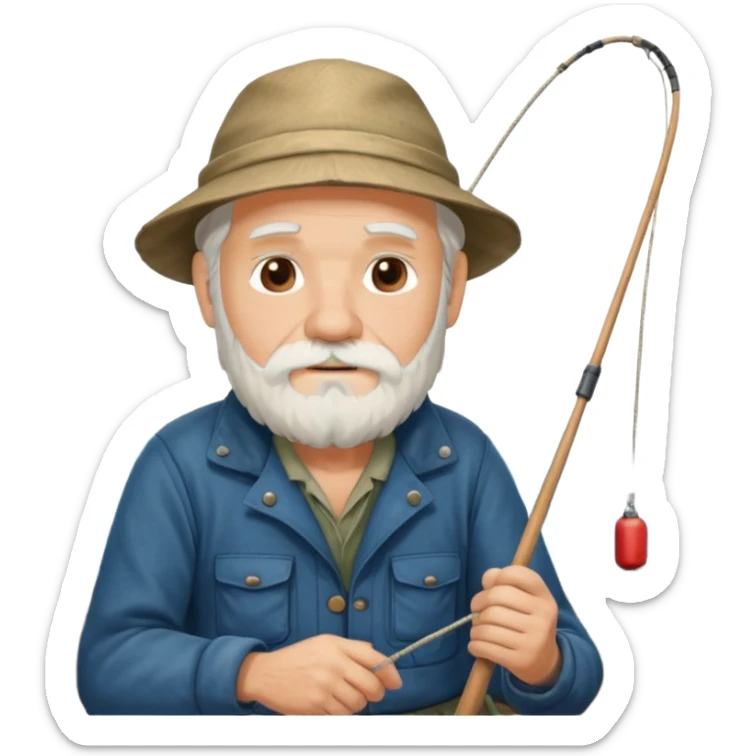 an old white haired, bearded man in fisherman attire, sat in a big boat on the ocean, casting a fishing line into the water sticker