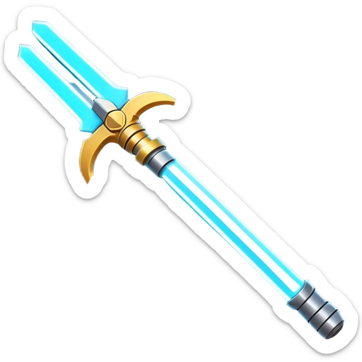 Clash of Clans aesthetic: Cinematic heroic light sabre Emoji, rendered in a 3D vector-style similar to standard emojis with minimal shading and bold, simplified shapes. A compact, vibrant energy blade with a neon-hued, glowing edge and futuristic hilt, softly glowing with a radiant cosmic charm. Simplified yet unmistakably iconic, highly detailed and consistent, glowing with a soft pulsating brilliance and high shine. Stylized with a touch of interstellar elegance and a soft glowing outline, capturing the essence of a legendary energy blade with a friendly, playful manner! sticker