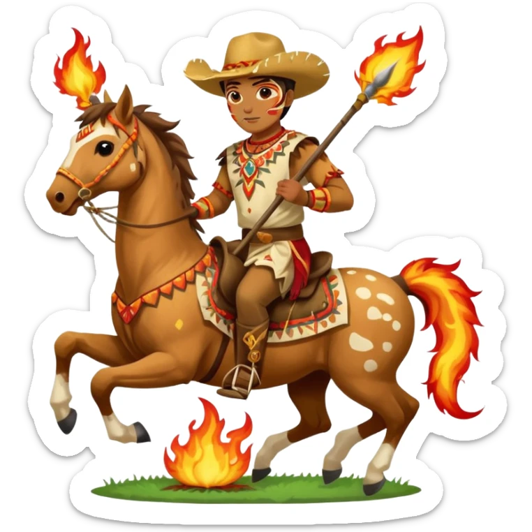 Male Chief Osceola wearing traditional Seminole garb and face paint , riding Appaloosa horse and planting a flaming spear into football field sticker
