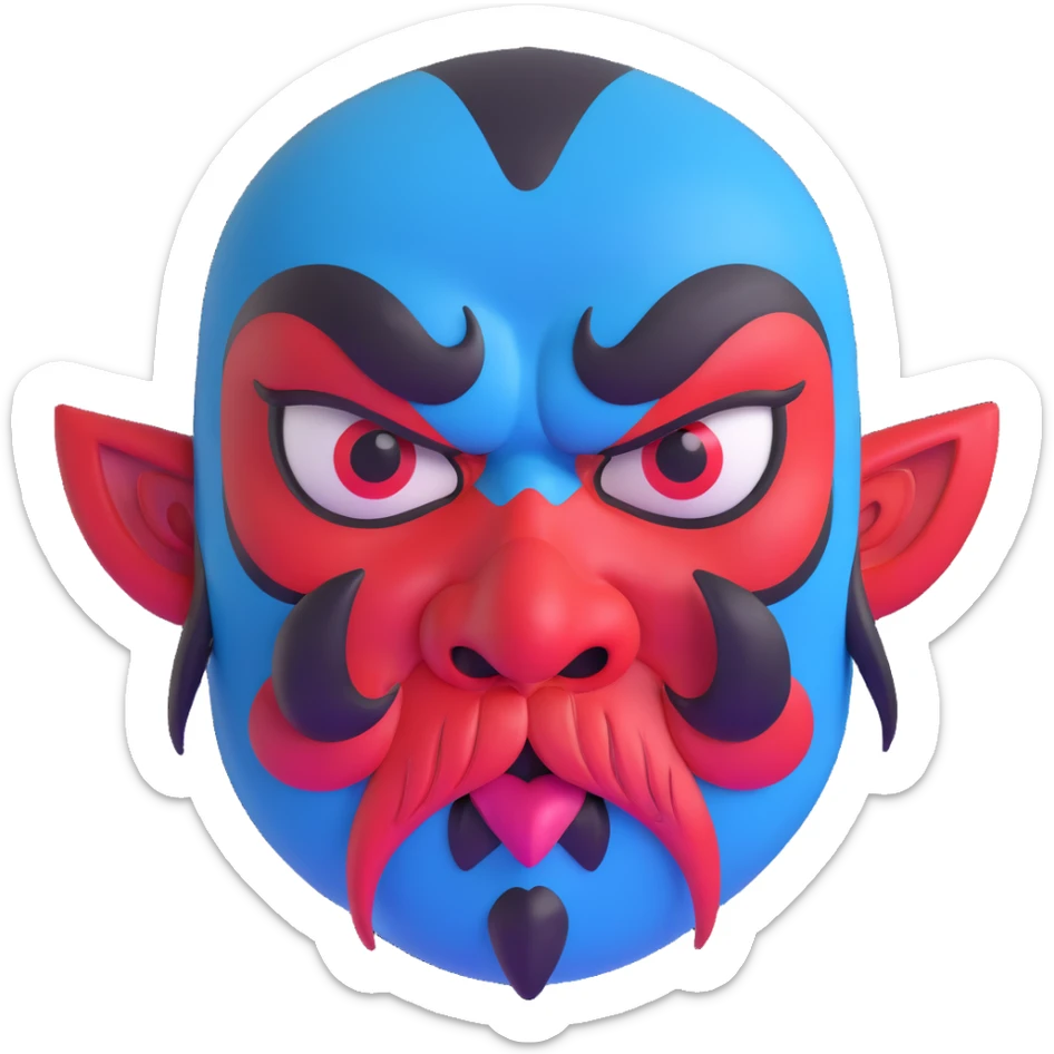 Japanese Tengu demon mask with thick black eyebrows, large cartoonish angry eyes, big curved red nose, black mustache, tongue sticking out, and blue sweat droplets on forehead sticker