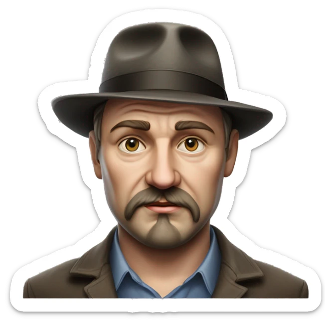 Russian writer Alexander Kuprin Photorealism A plump serious man of Slavic appearance with Small eyes with goatee beard and mustache, with a  short haircut, big detailed face, wrinkled face, wearing a fedora hat sticker