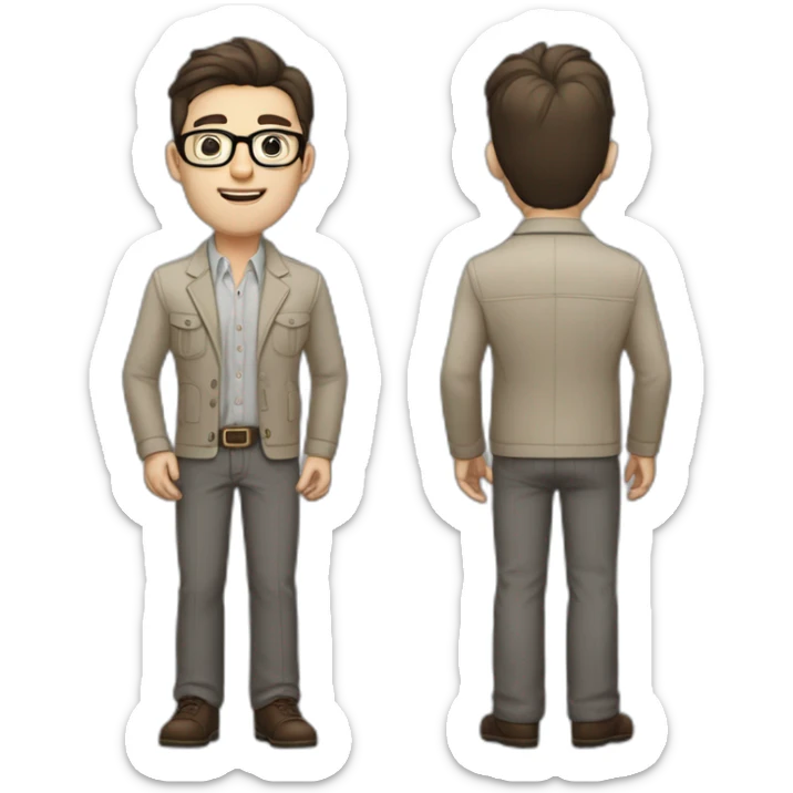 Full height Pale skinned Fit Man With dark brown hair in gray classic jacket, beige office shirt, Brown pants and vintage glasses. Thrumbs of his palms upwards sticker