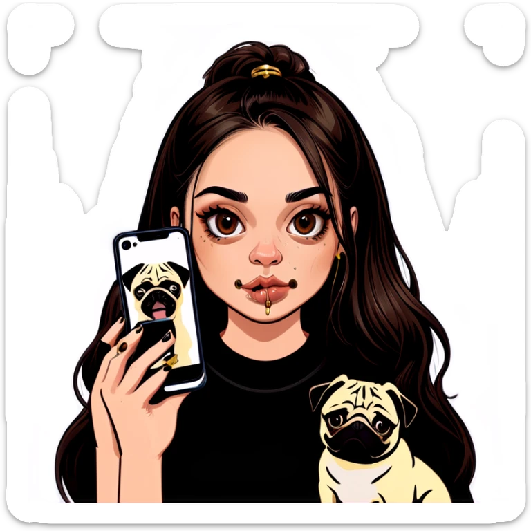 Beautiful young girl with choppy long dark brown hair flows over her her septum piercing is gold and shines as she holds her black phone and her large pug with an underbite layed beside her sticker