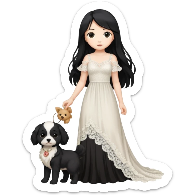 Pastel anime lady long hair with long lace dress full body holding puppy sticker