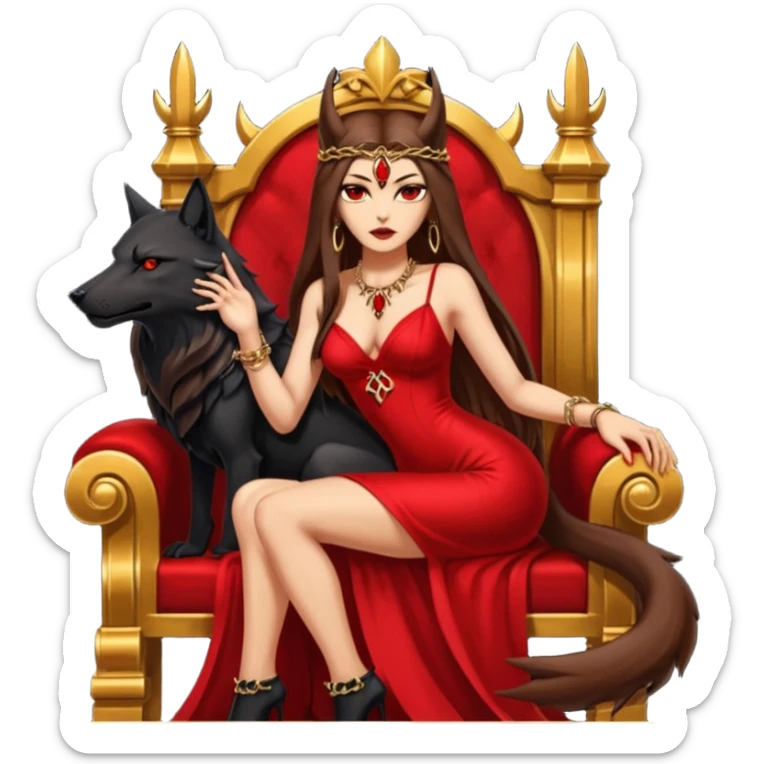 Caramel skin toned Lilith symbol seductress evil brown straight long hair haired, sexy succubus woman with red and black Chanel dress sitting on a Black and gold throne. A large black wolf laying beside he sticker