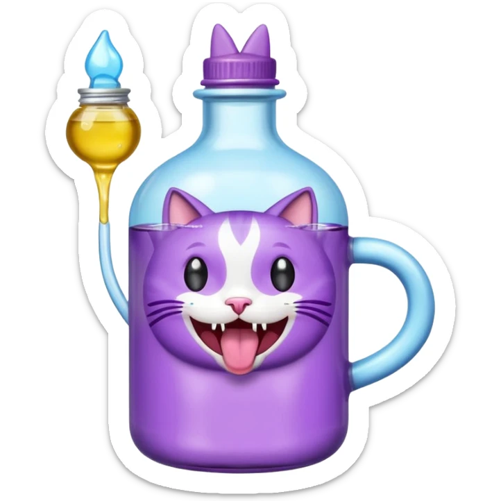 Smiling bottle of oil light purple top and light blue sticking tongue out and with cat ears sticker