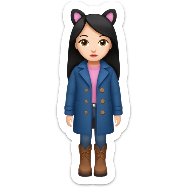 Gordita, ojos pequeños de color cafe oscuro, labios pequeños y rosados, piel trigueña, orejas pequeñas, cabello largo lazio y negro, pequeña. cuerpo completo. vestida con saco de lana jean color azul y botas color café. No le pongas orejas sticker