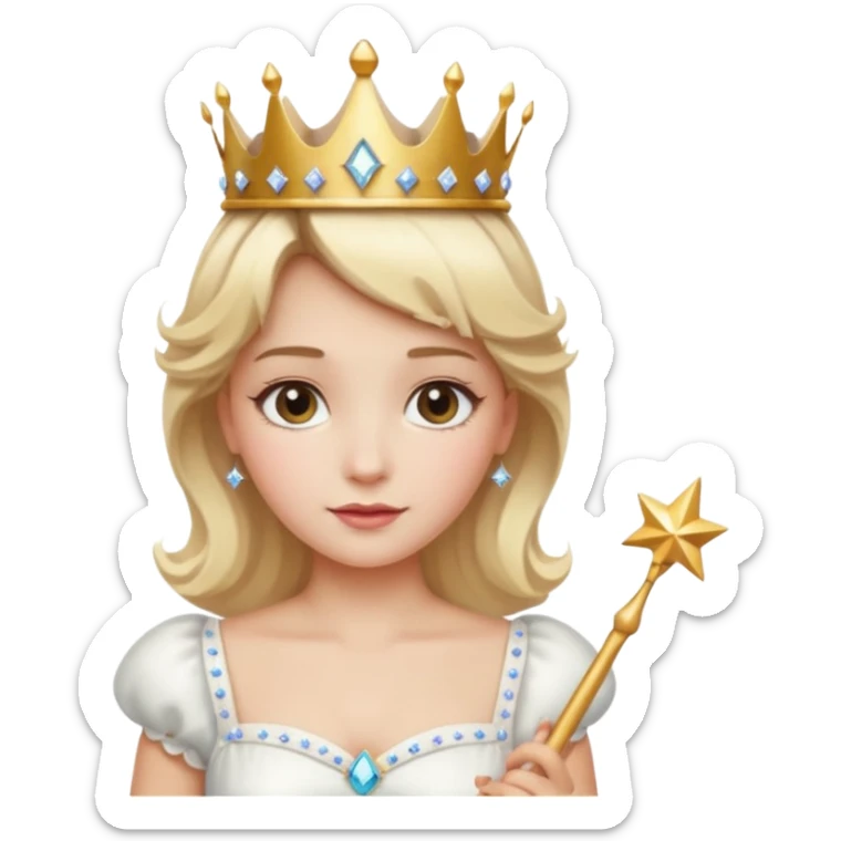dorothy queen blonde hair, white dress with magic wand, rounded sparcle, and crown on head. sticker