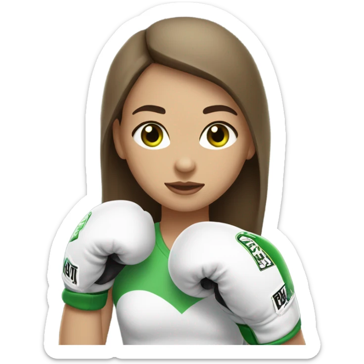 A girl with brown straight hair and green eyes, light skin, wearing white boxing gloves. sticker
