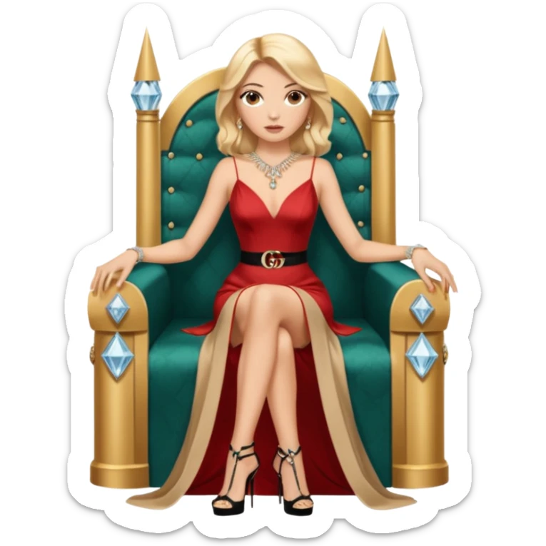 Lilith symbol light brown eyes. Woman of justice and power. Shoulder  length blonde haired  woman with Gucci, and designer bags next to her. Wearing long elegant dress with slit, sitting on a throne and diamonds everywhere around her. Black Platform high heels on feet. designer bags around her.  sticker