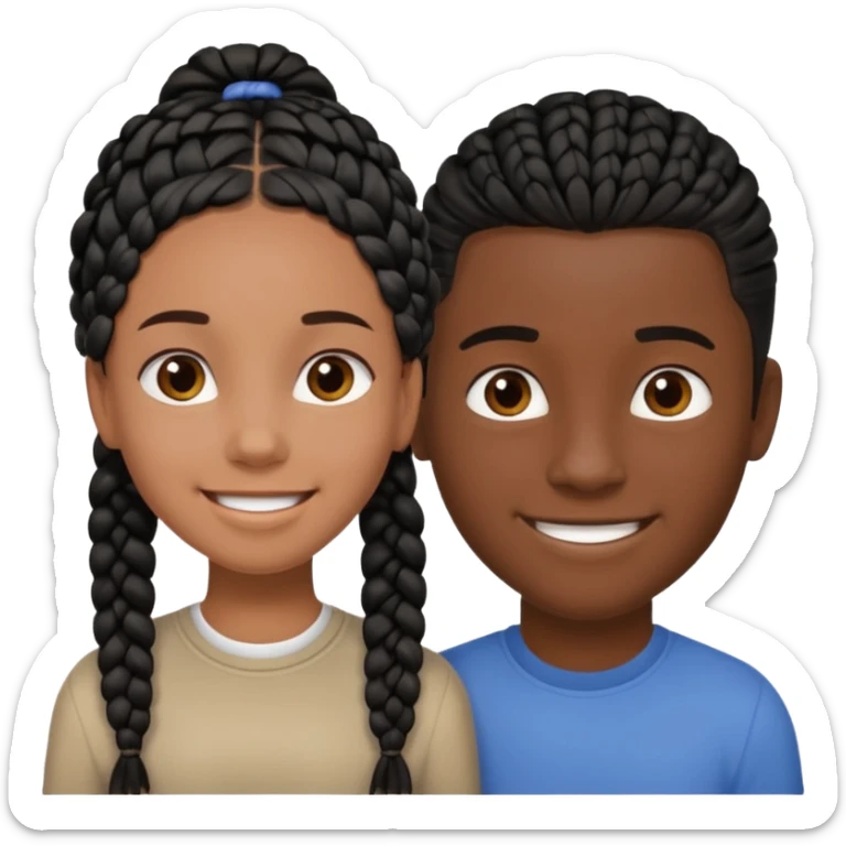 Dark black girl with black braids, smiling, and tan white boy with straight brown hair sticker