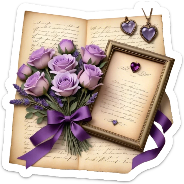 A delicate bouquet of lavender sprigs, dusty mauve roses, and deep violet peonies rests atop an antique love letter, its parchment kissed by time, tied with a silken amethyst ribbon forming an elegant bow. Nearby, a tiny heart-shaped locket gleams softly beneath the glow of a crescent moon, while scattered pressed pansies in shades of lilac and plum whisper forgotten sentiments of devotion. A few golden stars shimmer faintly, caught in the folds of the vintage fabric beneath the bouquet, adding a touch of celestial romance. sticker