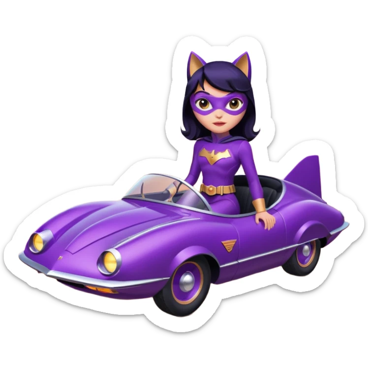 Hot full size real-appearance racing action BatGirl’s Lego feminine midnight-purple tight outfit sixty’s tv show 1992 stealth retro cat burglar sporty petite off-road pursuit hovering hover cruiser car rose gold accents (black hair,reclined and relaxed seating position and attitude) desert sticker