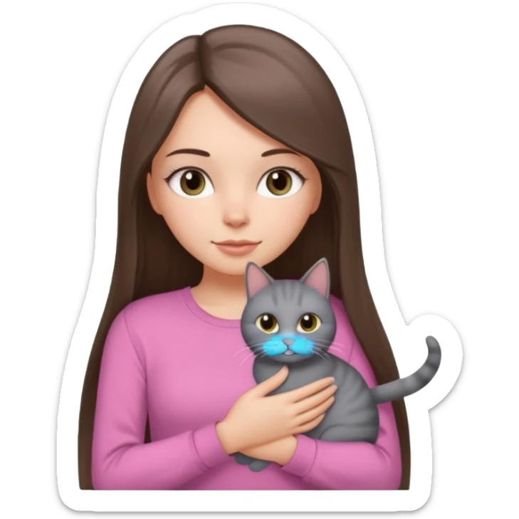 a white girl with brunette long straight hair holding a grey cat. the girl has long lashes and has on a pink shirt. sticker